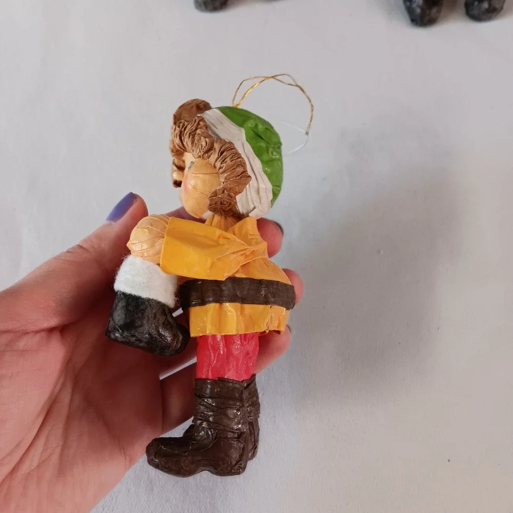 Vintage Paper Mache Christmas Ornaments Set‎ 4 Santa Elf Folk Art Figures Retro